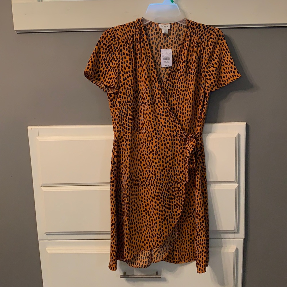 J Crew dress, size 2. Dark mustard with navy spots.